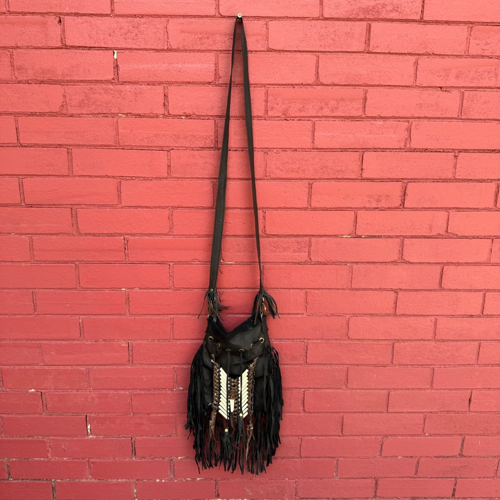 Leather Fringe Crossbody Bag Beaded Bone Detail Western Boho Festival Native